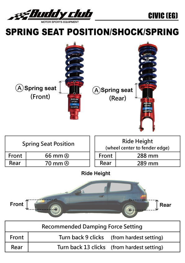 Buddy Club - Kit Sport Spec Damper Coilovers Honda Civic 92-00, Integra 94-01 EG/EK/DC2 (BC02-SSHEG)