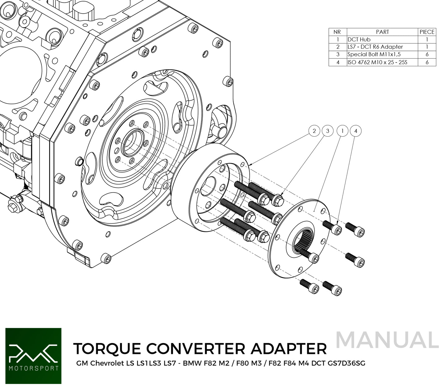 PMC Motorsport - Adapter kit GM Chevrolet V8 LS - BMW DCT DKG Getrag GS7D36SG Inline-six (A-LS-DCT6-L)