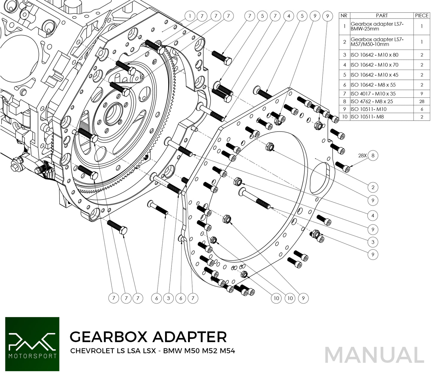 PMC Motorsport - Adapter kit GM Chevrolet V8 LS - BMW M50 S50 M52 S52 M54 - 240mm / 9.45" (A-LS-M50-240)