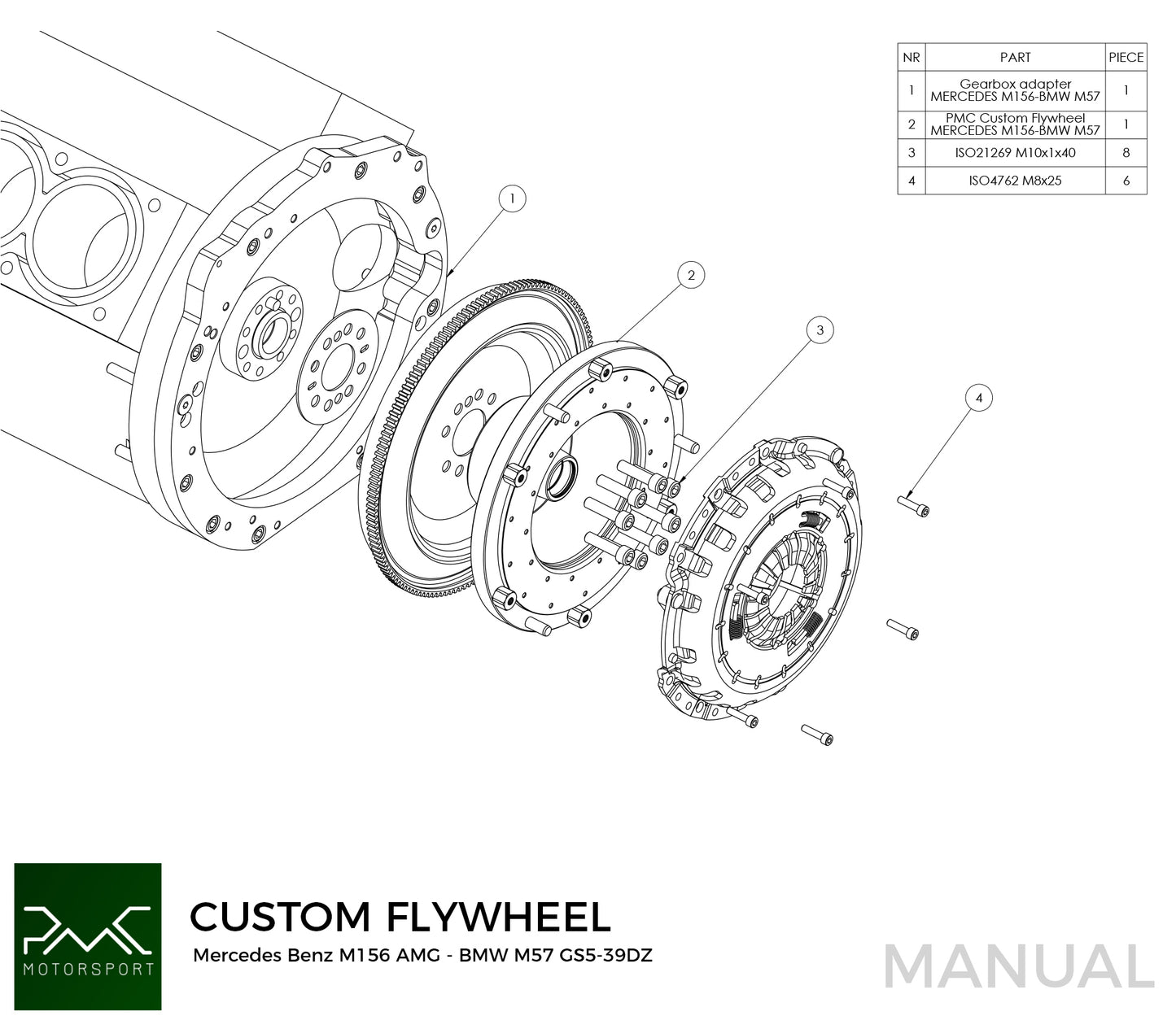 PMC Motorsport - Flywheel Mercedes-Benz M113 M156 - BMW M50 S50 M52 S52 M54 S54 M57 - 240MM / 9.45" (K0M50-240-M156)