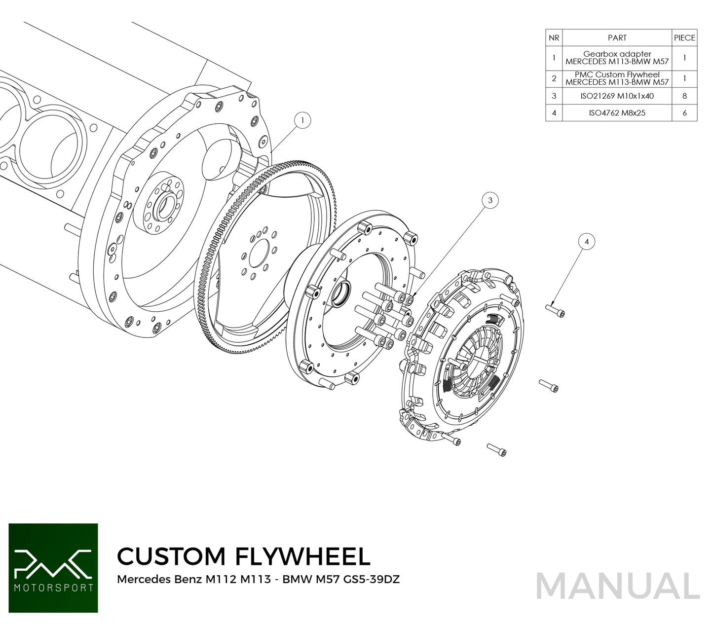 PMC Motorsport - Adapter Kit Mercedes-Benz M112 M113 - BMW M50 S50 M52 S52 M54 - 240mm / 9.45" (A-M113-M50-240)