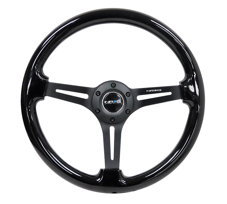 NRG - REINFORCED CLASSIC WOOD GRAIN WHEEL, 350MM, 3 SPOKE SLOTTED CENTER BLACK WITH BLACK PAINTED WOOD