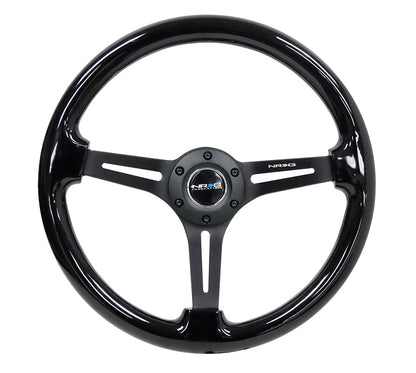 NRG - REINFORCED CLASSIC WOOD GRAIN WHEEL, 350MM, 3 SPOKE SLOTTED CENTER BLACK WITH BLACK PAINTED WOOD