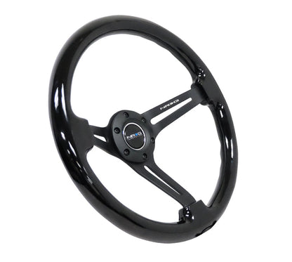 NRG - REINFORCED CLASSIC WOOD GRAIN WHEEL, 350MM, 3 SPOKE SLOTTED CENTER BLACK WITH BLACK PAINTED WOOD
