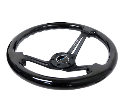 NRG - REINFORCED CLASSIC WOOD GRAIN WHEEL, 350MM, 3 SPOKE SLOTTED CENTER BLACK WITH BLACK PAINTED WOOD