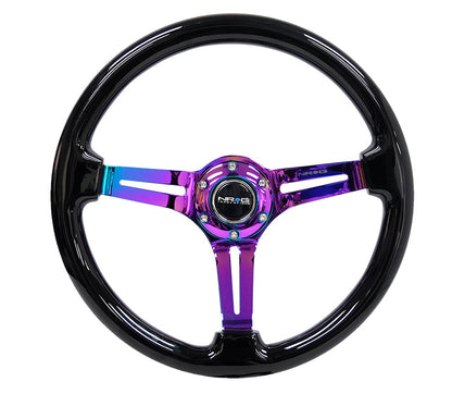 NRG - REINFORCED CLASSIC WOOD GRAIN WHEEL 350MM 3 SPOKE SLOTTED CENTER NEOCHROME BLACK PAINTED WOOD