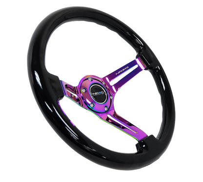 NRG - REINFORCED CLASSIC WOOD GRAIN WHEEL 350MM 3 SPOKE SLOTTED CENTER NEOCHROME BLACK PAINTED WOOD