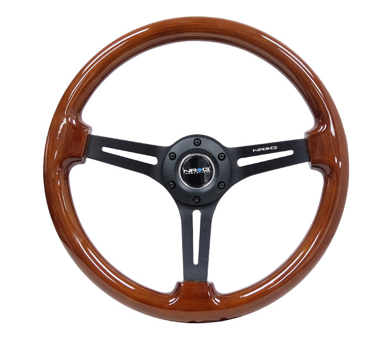 NRG - REINFORCED CLASSIC WOOD GRAIN WHEEL 350MM 3 SPOKE SLOTTED CENTER BLACK WITH BROWN PAINTED WOOD
