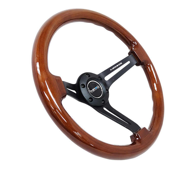 NRG - REINFORCED CLASSIC WOOD GRAIN WHEEL 350MM 3 SPOKE SLOTTED CENTER BLACK WITH BROWN PAINTED WOOD