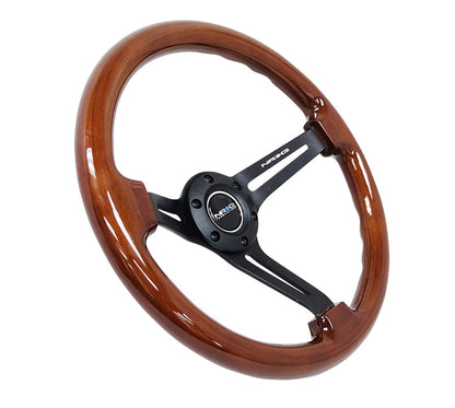 NRG - REINFORCED CLASSIC WOOD GRAIN WHEEL 350MM 3 SPOKE SLOTTED CENTER BLACK WITH BROWN PAINTED WOOD