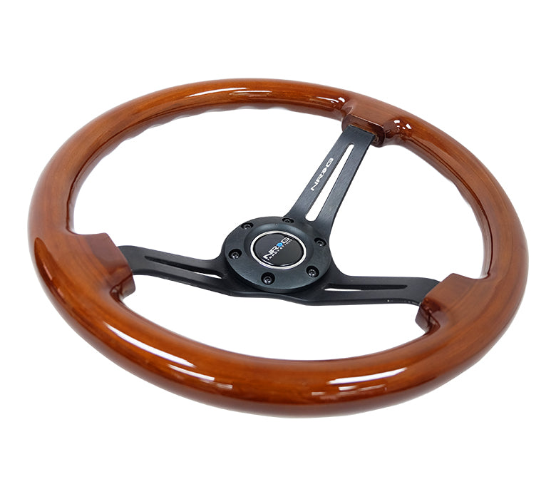 NRG - REINFORCED CLASSIC WOOD GRAIN WHEEL 350MM 3 SPOKE SLOTTED CENTER BLACK WITH BROWN PAINTED WOOD
