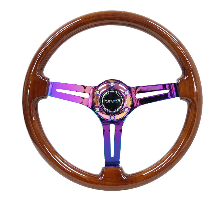 NRG - REINFORCED CLASSIC WOOD GRAIN WHEEL 350MM 3 SPOKE SLOTTED CENTER NEOCHROME WITH BROWN PAINTED WOOD