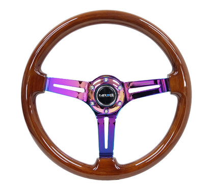 NRG - REINFORCED CLASSIC WOOD GRAIN WHEEL 350MM 3 SPOKE SLOTTED CENTER NEOCHROME WITH BROWN PAINTED WOOD