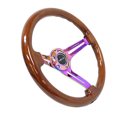 NRG - REINFORCED CLASSIC WOOD GRAIN WHEEL 350MM 3 SPOKE SLOTTED CENTER NEOCHROME WITH BROWN PAINTED WOOD