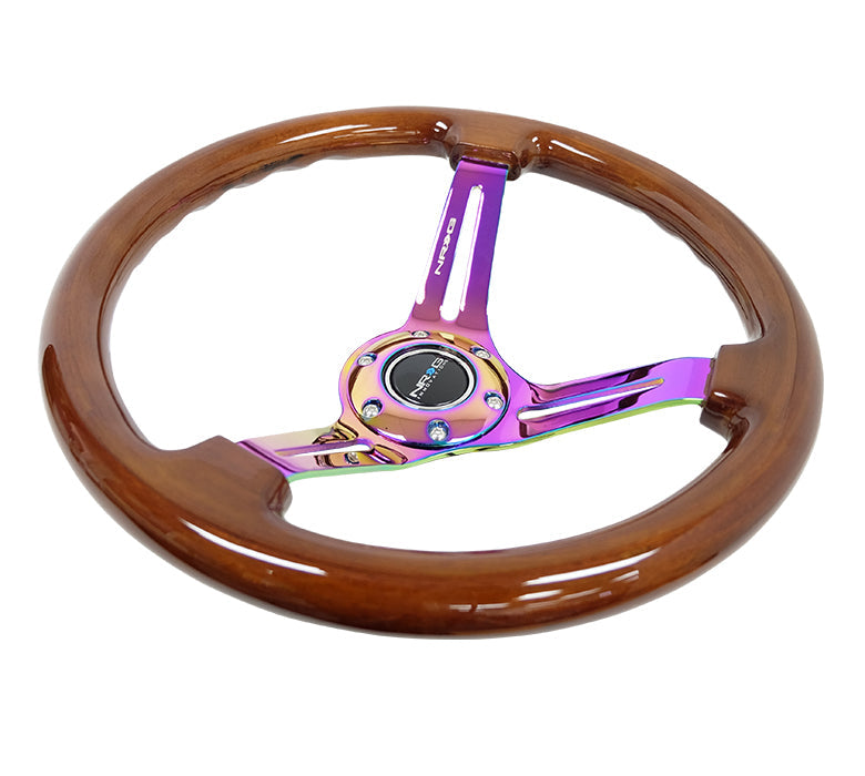 NRG - REINFORCED CLASSIC WOOD GRAIN WHEEL 350MM 3 SPOKE SLOTTED CENTER NEOCHROME WITH BROWN PAINTED WOOD