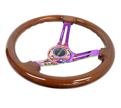 NRG - REINFORCED CLASSIC WOOD GRAIN WHEEL 350MM 3 SPOKE SLOTTED CENTER NEOCHROME WITH BROWN PAINTED WOOD