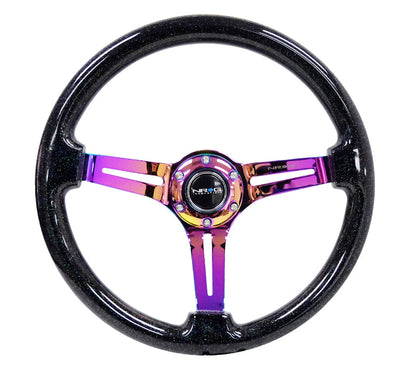 NRG - RODA DE MADEIRA CLÁSSICA REFORÇADA GRÃO 350MM 3 RAIOS CENTRO FECHADO NEOCROMA PRETO MULTICOLOR FLAKE MADEIRA