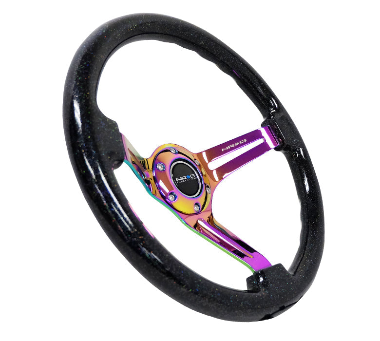 NRG - RODA DE MADEIRA CLÁSSICA REFORÇADA GRÃO 350MM 3 RAIOS CENTRO FECHADO NEOCROMA PRETO MULTICOLOR FLAKE MADEIRA