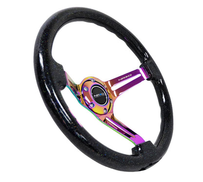NRG - RODA DE MADEIRA CLÁSSICA REFORÇADA GRÃO 350MM 3 RAIOS CENTRO FECHADO NEOCROMA PRETO MULTICOLOR FLAKE MADEIRA