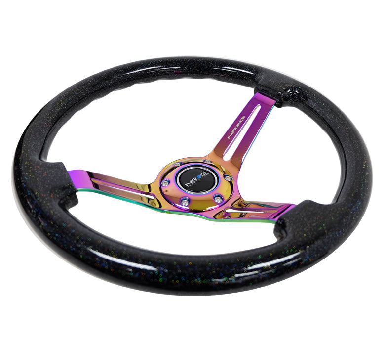 NRG - RODA DE MADEIRA CLÁSSICA REFORÇADA GRÃO 350MM 3 RAIOS CENTRO FECHADO NEOCROMA PRETO MULTICOLOR FLAKE MADEIRA