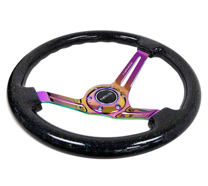 NRG - RODA DE MADEIRA CLÁSSICA REFORÇADA GRÃO 350MM 3 RAIOS CENTRO FECHADO NEOCROMA PRETO MULTICOLOR FLAKE MADEIRA