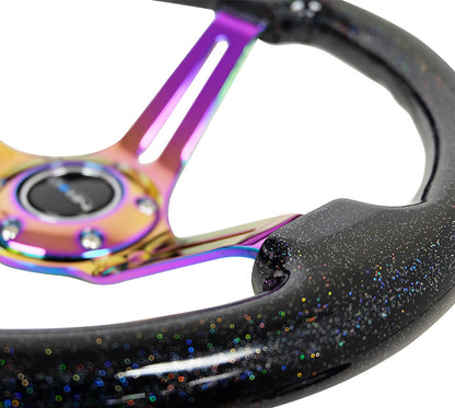 NRG - RODA DE MADEIRA CLÁSSICA REFORÇADA GRÃO 350MM 3 RAIOS CENTRO FECHADO NEOCROMA PRETO MULTICOLOR FLAKE MADEIRA