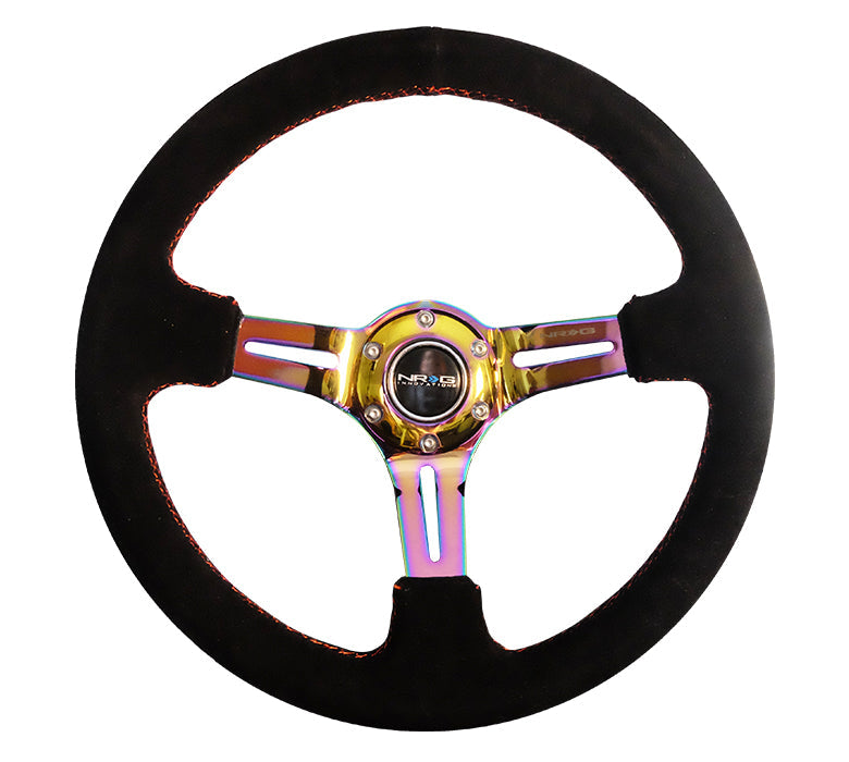 NRG - REINFORCED STEERING WHEEL 350MM SPORT SUEDE (3" DEEP) BLACK STITCH WITH SLITS IN NEOCHROME
