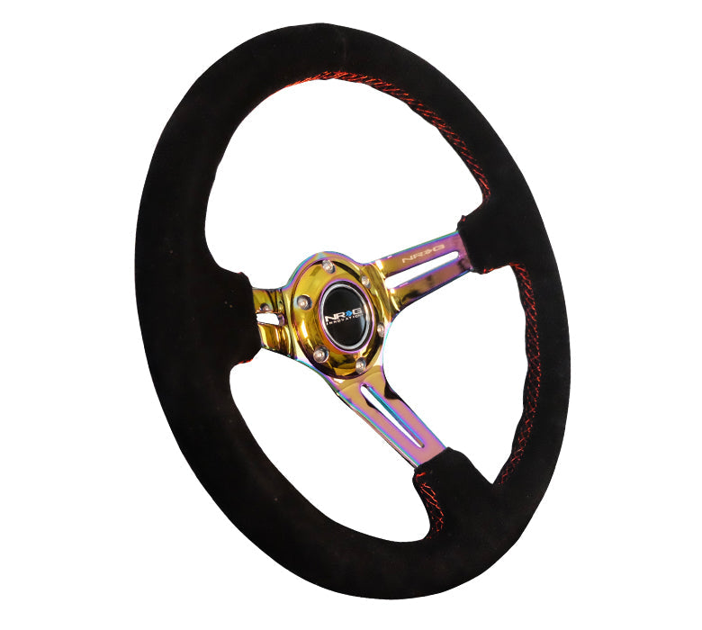 NRG - REINFORCED STEERING WHEEL 350MM SPORT SUEDE (3" DEEP) BLACK STITCH WITH SLITS IN NEOCHROME