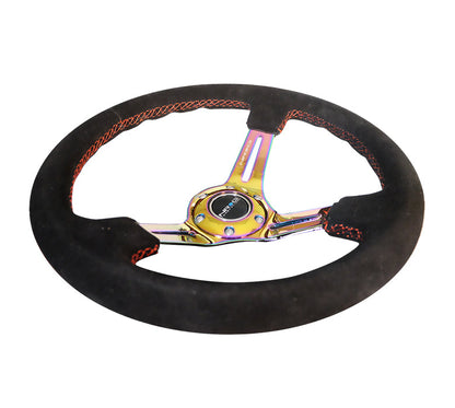 NRG - REINFORCED STEERING WHEEL 350MM SPORT SUEDE (3" DEEP) BLACK STITCH WITH SLITS IN NEOCHROME
