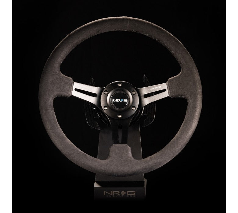NRG - VOLANTE REFORZADO 350MM SPORT (3" DE PROFUNDIDAD) CUERO NEGRO CON COSTURAS ALCANTARA
