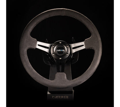 NRG - VOLANTE REFORZADO 350MM SPORT (3" DE PROFUNDIDAD) CUERO NEGRO CON COSTURAS ALCANTARA