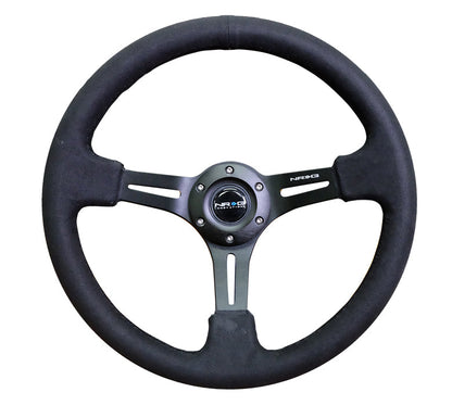 NRG - VOLANTE REFORZADO 350MM SPORT (3" DE PROFUNDIDAD) CUERO NEGRO CON COSTURAS ALCANTARA