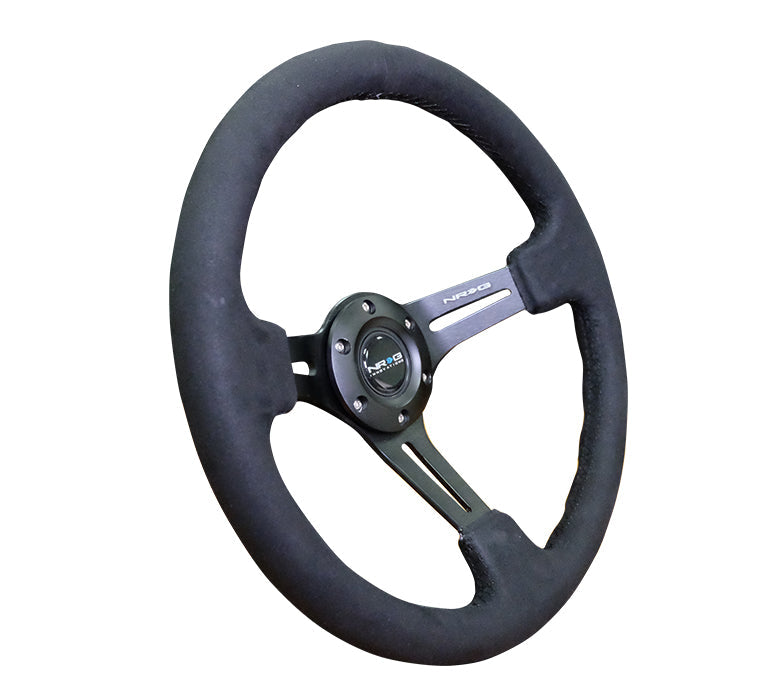 NRG - VOLANTE REFORZADO 350MM SPORT (3" DE PROFUNDIDAD) CUERO NEGRO CON COSTURAS ALCANTARA