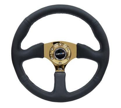 NRG - REINFORCED STEERING WHEEL- 350MM SPORT LEATHER RACING (2.5" DEEP) COMFORT GRIP 4MM METAL GOLD SPOKE