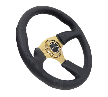 NRG - REINFORCED STEERING WHEEL- 350MM SPORT LEATHER RACING (2.5" DEEP) COMFORT GRIP 4MM METAL GOLD SPOKE