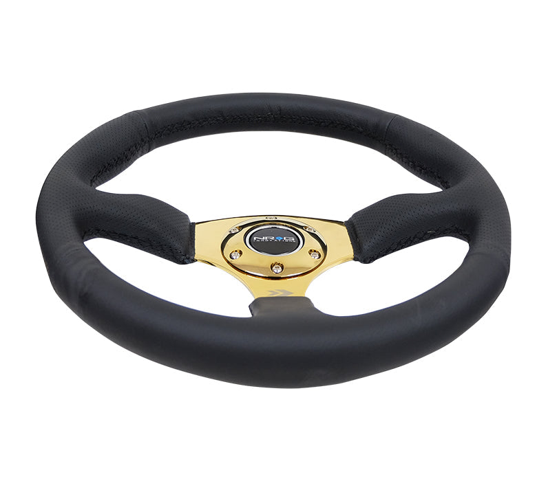NRG - REINFORCED STEERING WHEEL- 350MM SPORT LEATHER RACING (2.5" DEEP) COMFORT GRIP 4MM METAL GOLD SPOKE