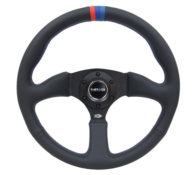 NRG - VOLANTE REFORZADO - 350MM SPORT CUERO RACING (2.5" DE PROFUNDIDAD) COMFORT GRIP 5MM RADIOS NEGRO MATE