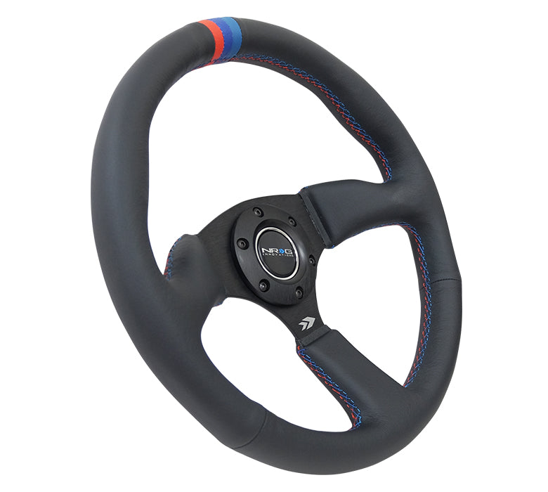 NRG - VOLANTE REFORZADO - 350MM SPORT CUERO RACING (2.5" DE PROFUNDIDAD) COMFORT GRIP 5MM RADIOS NEGRO MATE