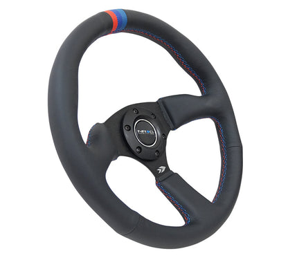 NRG - VOLANTE REFORZADO - 350MM SPORT CUERO RACING (2.5" DE PROFUNDIDAD) COMFORT GRIP 5MM RADIOS NEGRO MATE