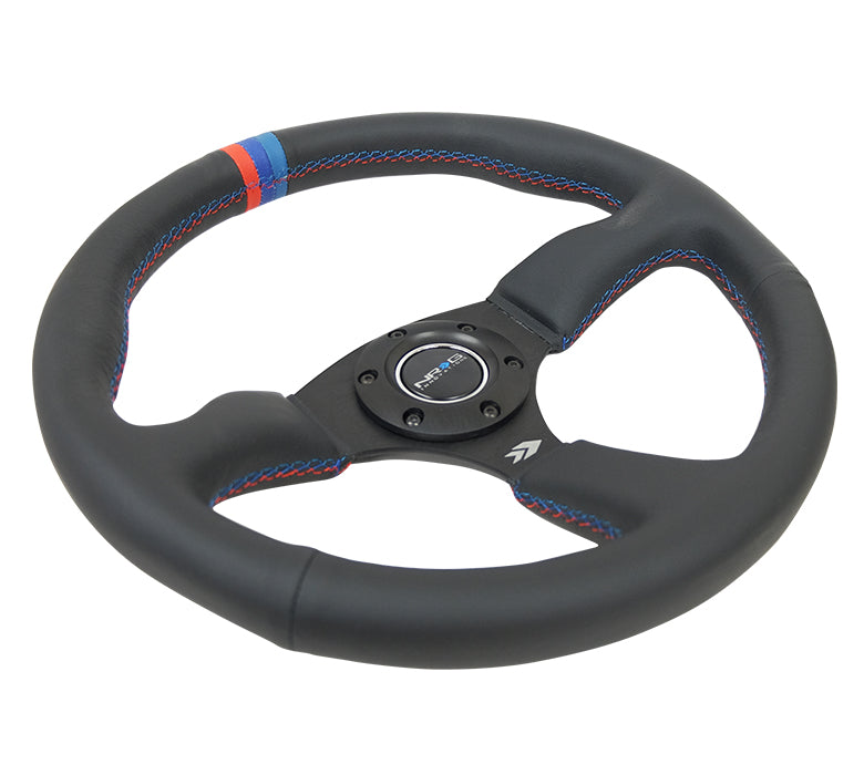 NRG - VOLANTE REFORZADO - 350MM SPORT CUERO RACING (2.5" DE PROFUNDIDAD) COMFORT GRIP 5MM RADIOS NEGRO MATE