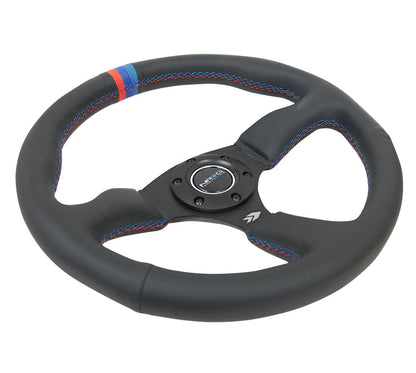NRG - VOLANTE REFORZADO - 350MM SPORT CUERO RACING (2.5" DE PROFUNDIDAD) COMFORT GRIP 5MM RADIOS NEGRO MATE