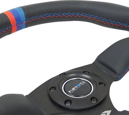 NRG - VOLANTE REFORZADO - 350MM SPORT CUERO RACING (2.5" DE PROFUNDIDAD) COMFORT GRIP 5MM RADIOS NEGRO MATE