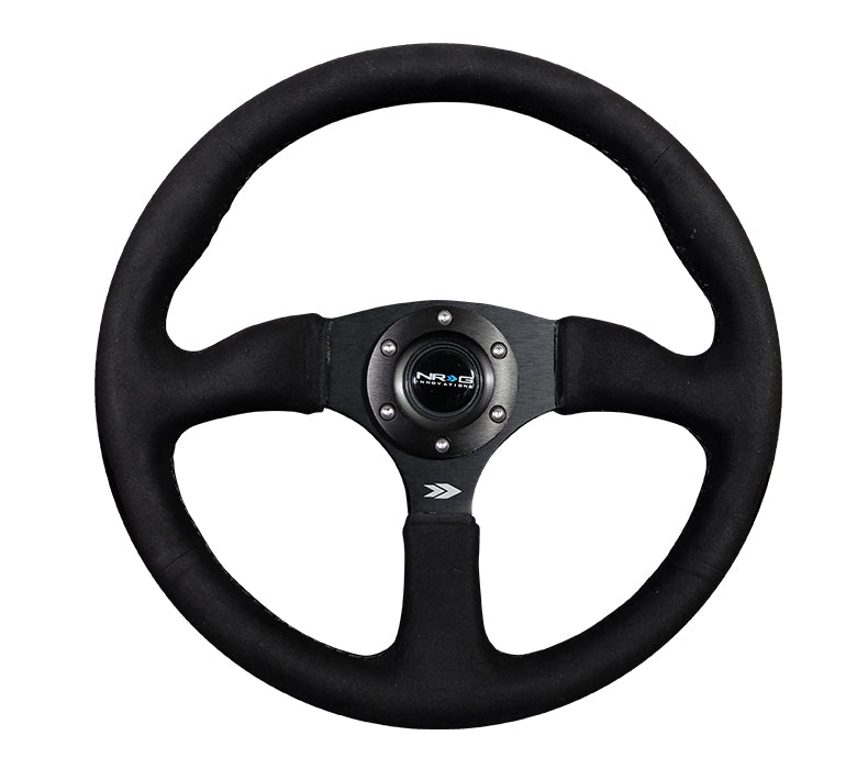 NRG - REINFORCED STEERING WHEEL- 350MM SPORT SUEDE RACING (2.5" DEEP) COMFORT GRIP, 5MM MATTE BLACK SPOKE