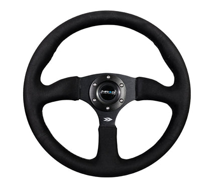 NRG - REINFORCED STEERING WHEEL- 350MM SPORT SUEDE RACING (2.5" DEEP) COMFORT GRIP, 5MM MATTE BLACK SPOKE