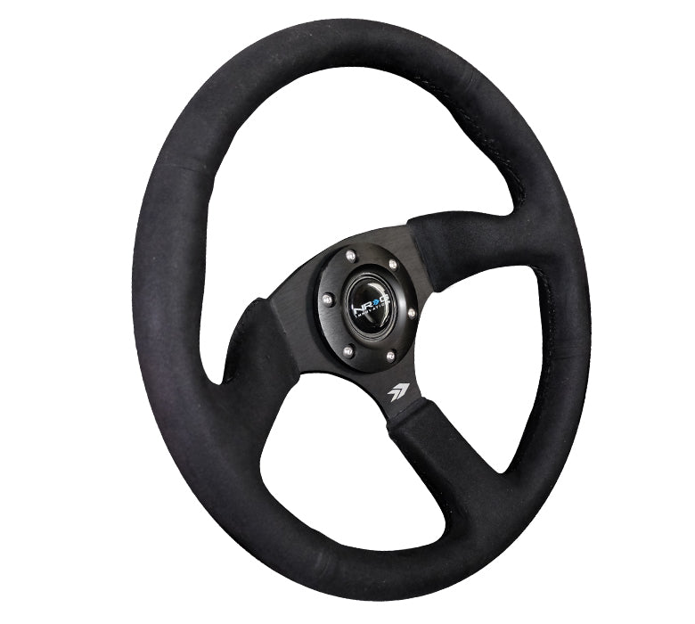 NRG - REINFORCED STEERING WHEEL- 350MM SPORT SUEDE RACING (2.5" DEEP) COMFORT GRIP, 5MM MATTE BLACK SPOKE