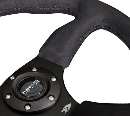 NRG - REINFORCED STEERING WHEEL- 350MM SPORT SUEDE RACING (2.5" DEEP) COMFORT GRIP, 5MM MATTE BLACK SPOKE