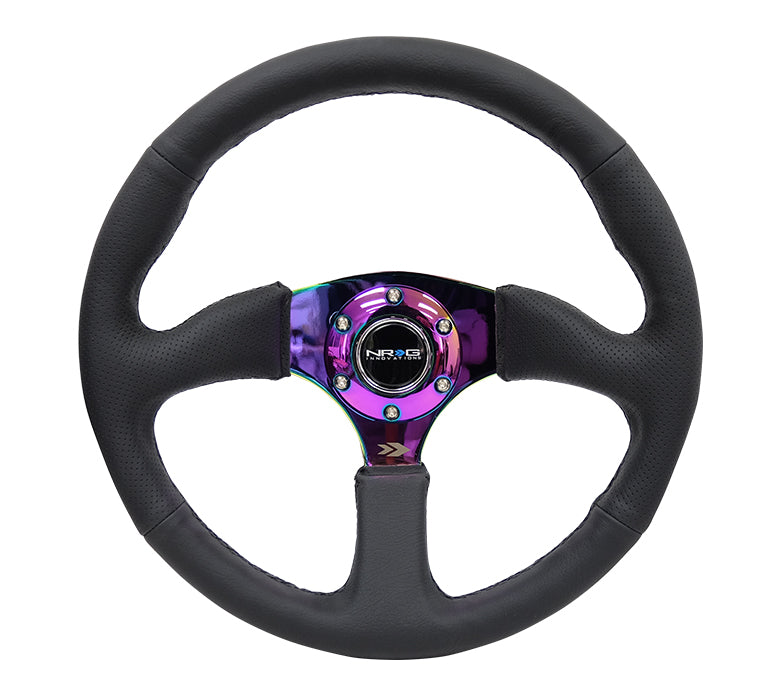 NRG - REINFORCED STEERING WHEEL- 350MM SPORT LEATHER RACING (2.5" DEEP) COMFORT GRIP 4MM NEOCHROME SPOKE