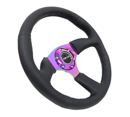 NRG - REINFORCED STEERING WHEEL- 350MM SPORT LEATHER RACING (2.5" DEEP) COMFORT GRIP 4MM NEOCHROME SPOKE