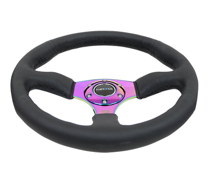 NRG - REINFORCED STEERING WHEEL- 350MM SPORT LEATHER RACING (2.5" DEEP) COMFORT GRIP 4MM NEOCHROME SPOKE