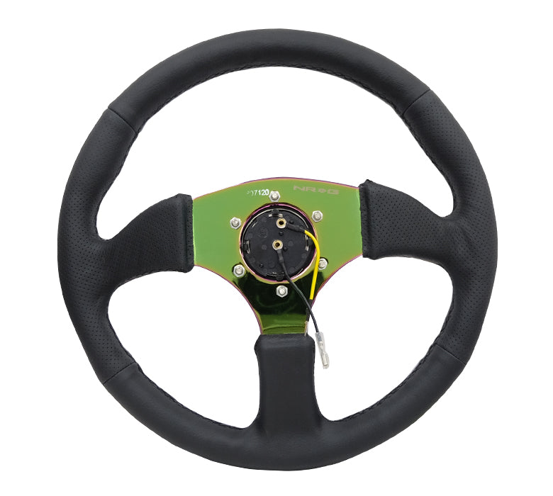 NRG - REINFORCED STEERING WHEEL- 350MM SPORT LEATHER RACING (2.5" DEEP) COMFORT GRIP 4MM NEOCHROME SPOKE